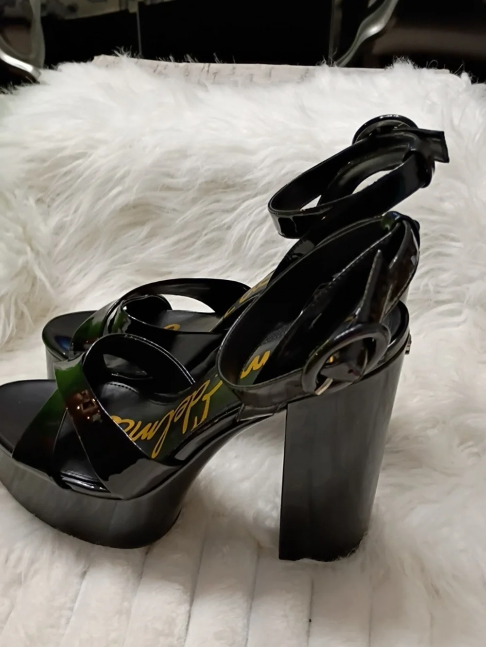 New Sam Edelman Savannah Black Patent Platform Block-Heel Sandals 10
